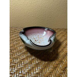 Murano Art Glass Bowl  Freeform Pink Black Purple White And Gold Swirl Design